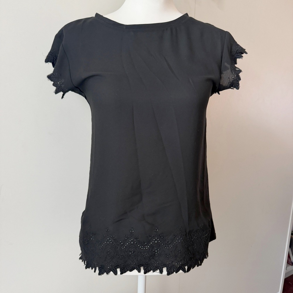 LOFT Blouse Top Women XS Black Eyelet Embroidered Scallop Hem Romantic Boho